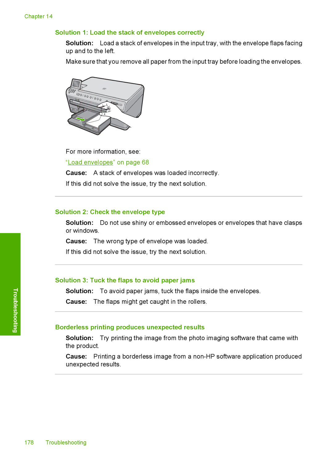 HP C6340, C6380 manual Solution 1 Load the stack of envelopes correctly, Solution 2 Check the envelope type 