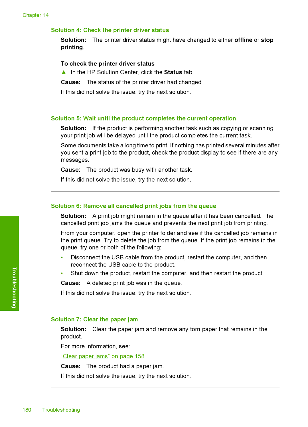 HP C6340 Solution 4 Check the printer driver status, To check the printer driver status, Solution 7 Clear the paper jam 