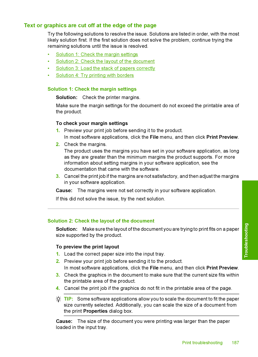 HP C6380 manual Text or graphics are cut off at the edge, Solution 1 Check the margin settings, To preview the print layout 