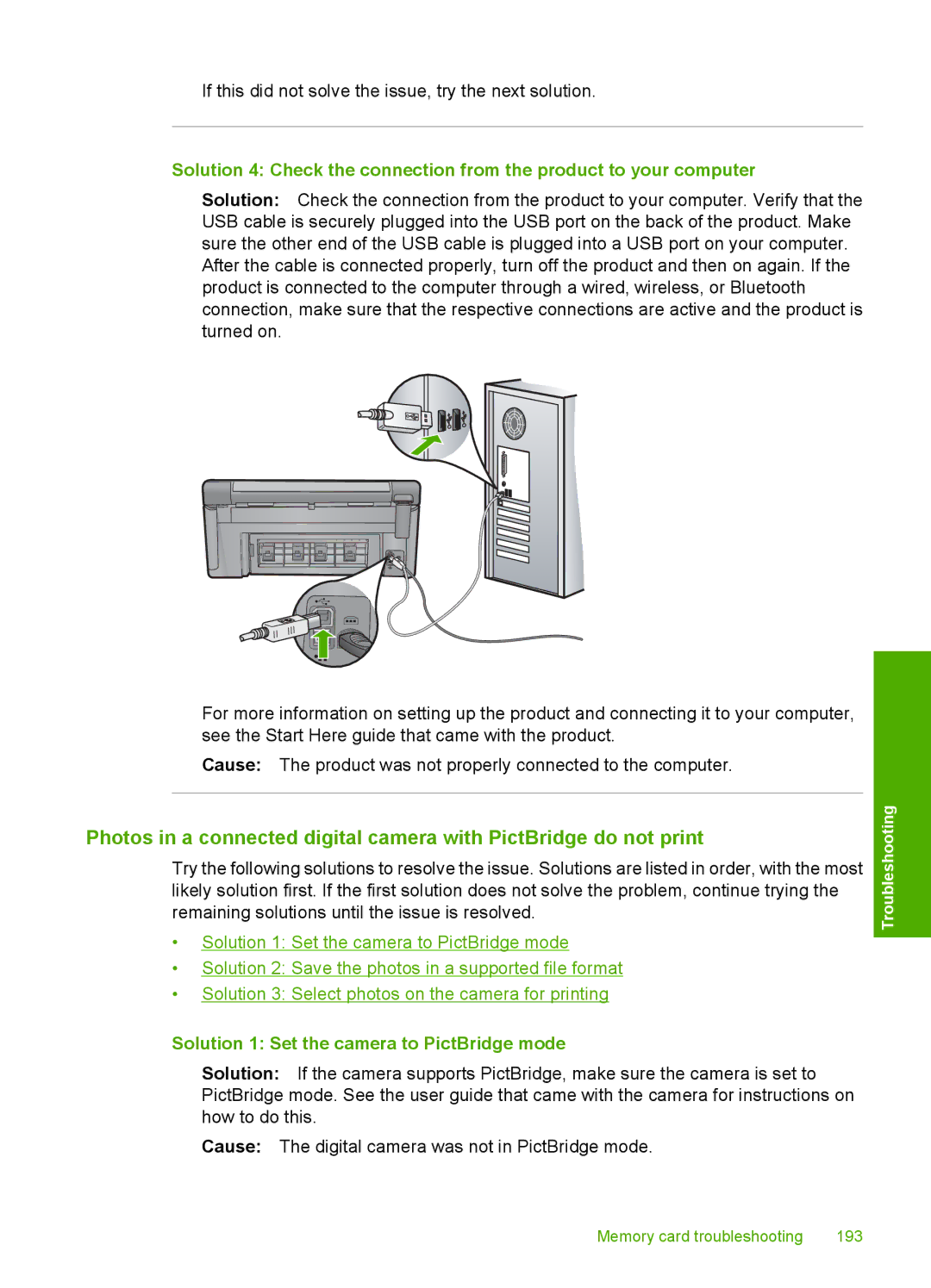 HP C6380, C6340 manual Solution 1 Set the camera to PictBridge mode 