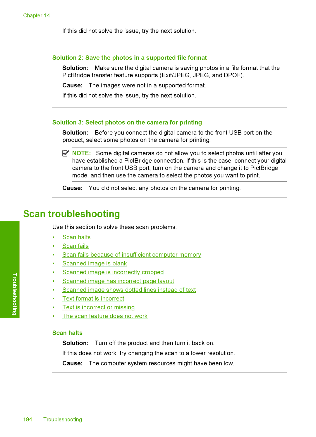 HP C6340, C6380 manual Scan troubleshooting, Solution 2 Save the photos in a supported file format, Scan halts 