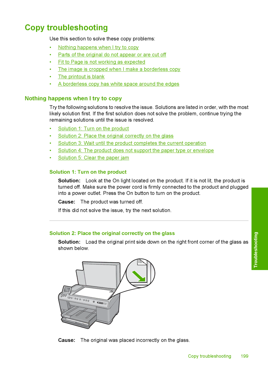 HP C6380 Copy troubleshooting, Nothing happens when I try to copy, Solution 2 Place the original correctly on the glass 