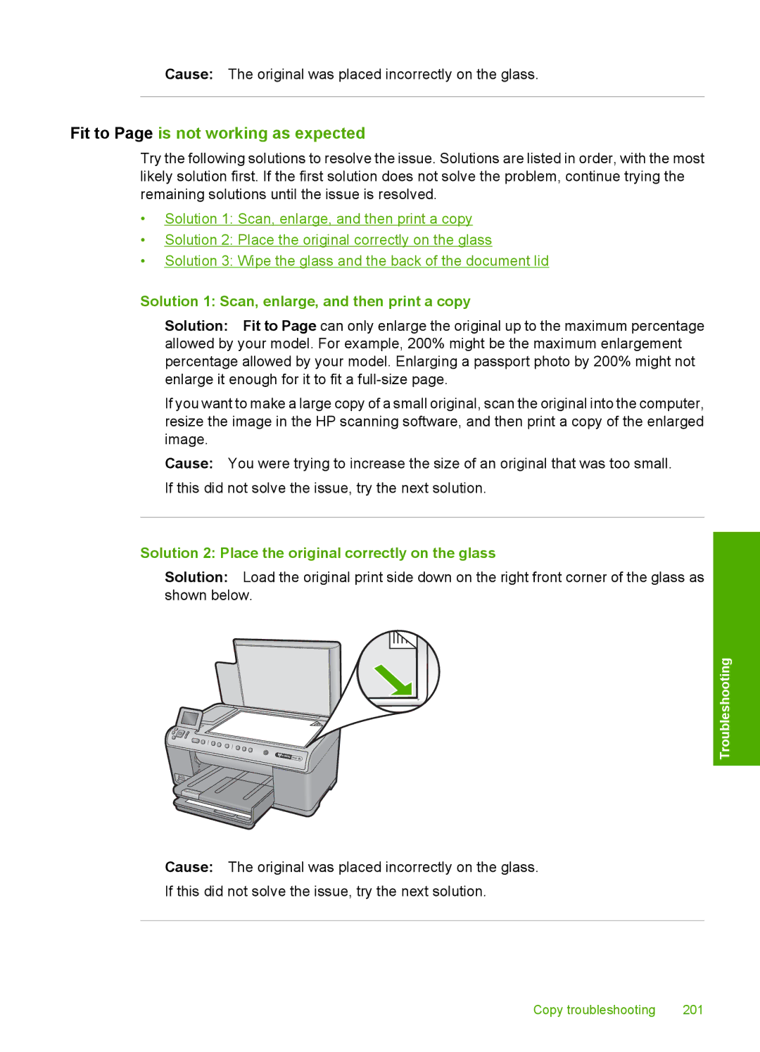 HP C6380, C6340 manual Fit to Page is not working as expected, Solution 1 Scan, enlarge, and then print a copy 