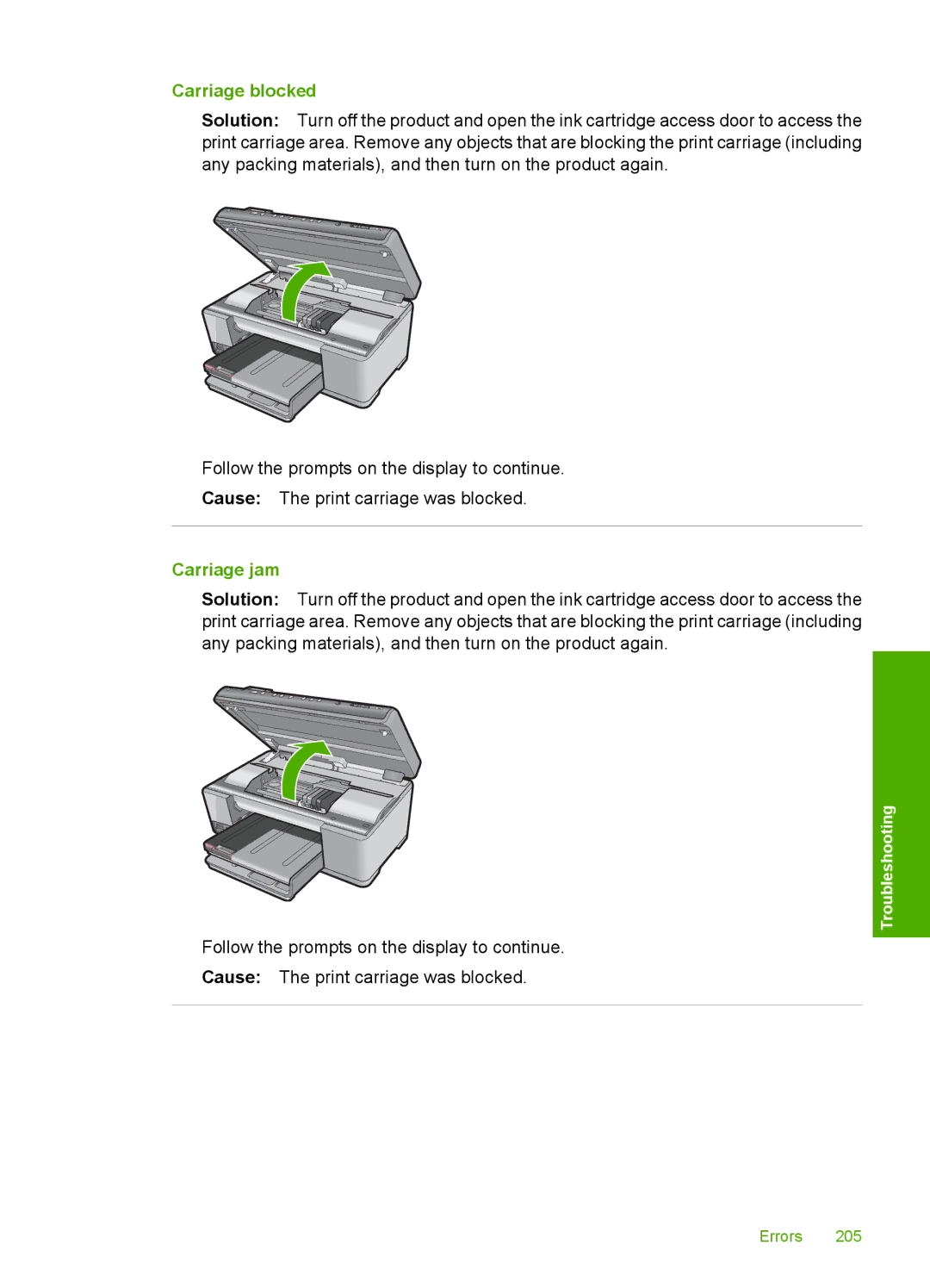 HP C6380, C6340 manual Carriage blocked, Carriage jam 