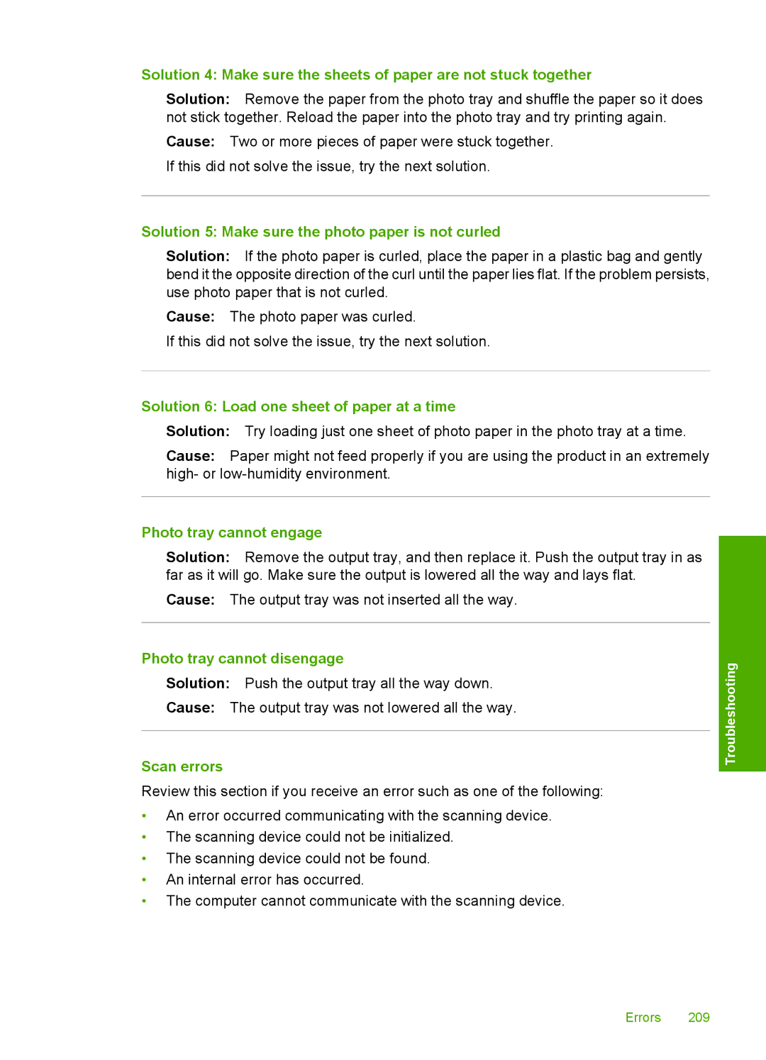 HP C6380 Solution 5 Make sure the photo paper is not curled, Solution 6 Load one sheet of paper at a time, Scan errors 