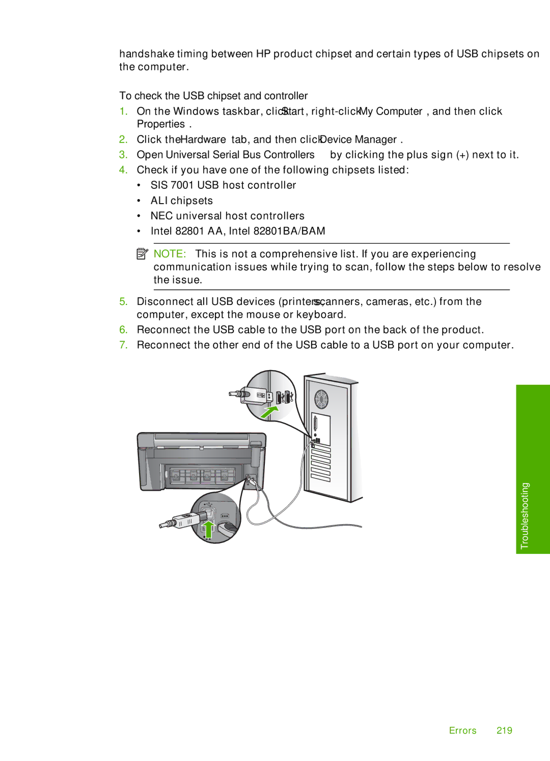 HP C6380, C6340 manual To check the USB chipset and controller 