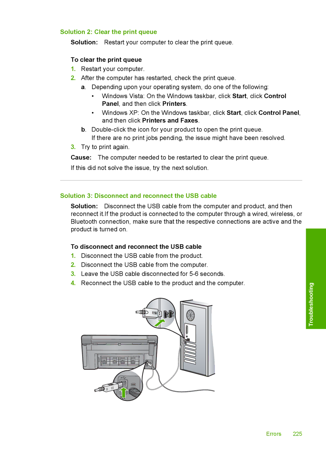 HP C6380 Solution 2 Clear the print queue, To clear the print queue, Solution 3 Disconnect and reconnect the USB cable 