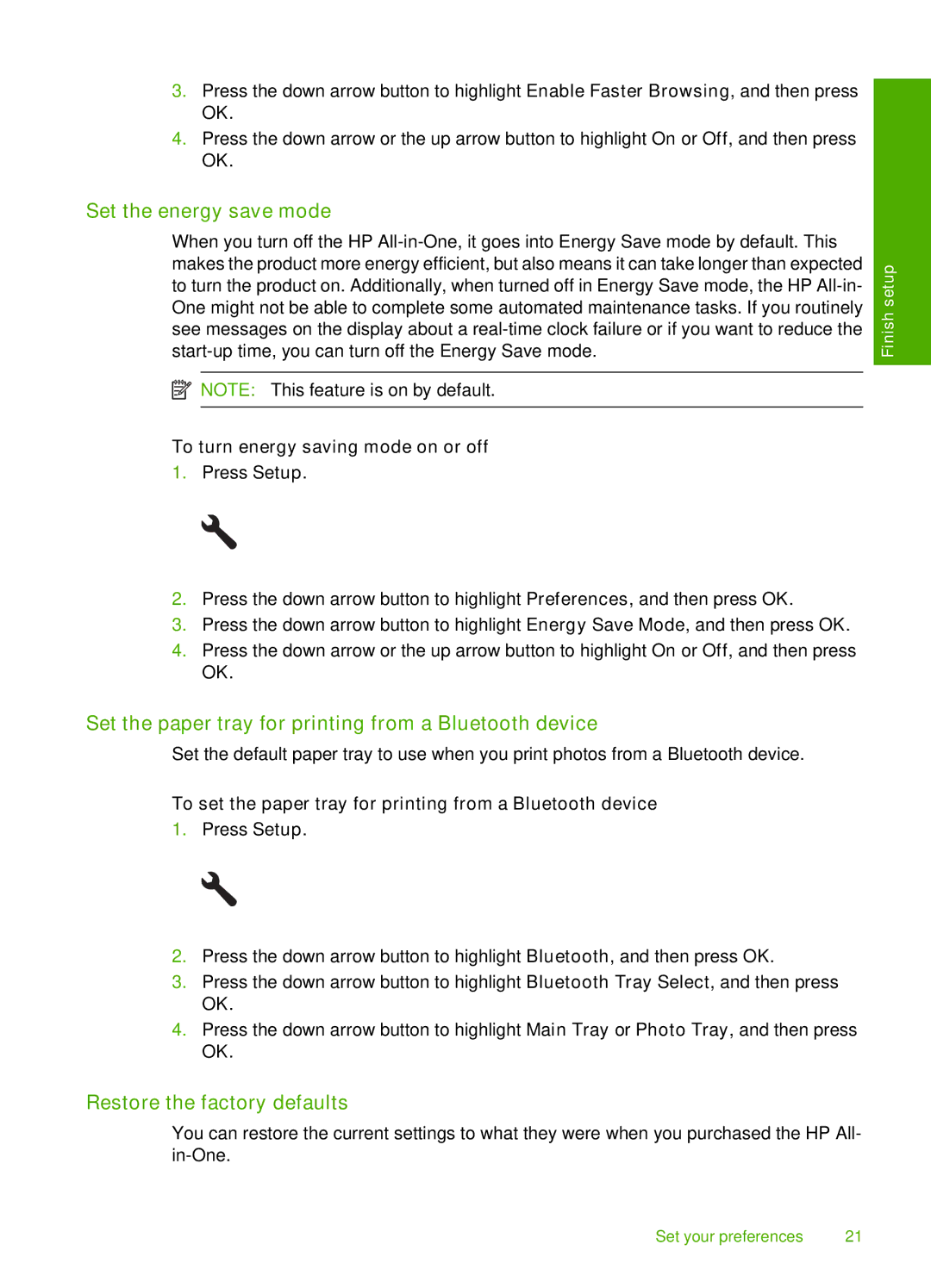HP C6380 Set the energy save mode, Set the paper tray for printing from a Bluetooth device, Restore the factory defaults 