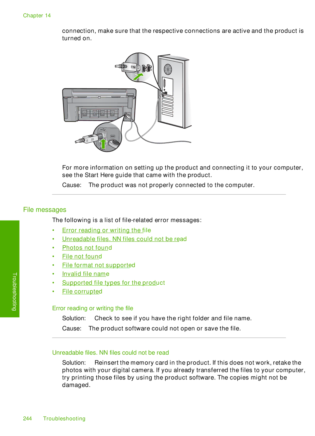 HP C6340, C6380 manual File messages, Error reading or writing the file, Unreadable files. NN files could not be read 