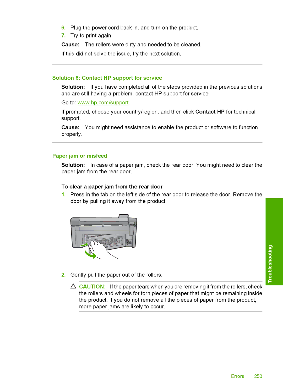 HP C6380, C6340 manual Solution 6 Contact HP support for service, Paper jam or misfeed 