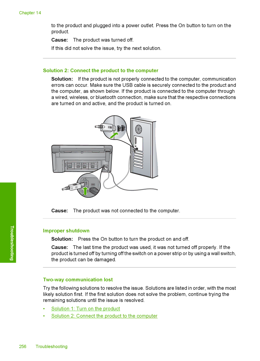 HP C6340, C6380 manual Solution 2 Connect the product to the computer, Improper shutdown, Two-way communication lost 