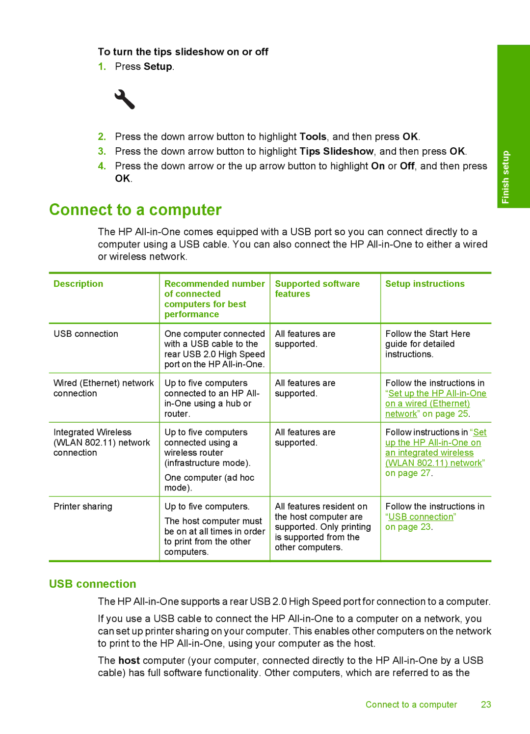 HP C6380, C6340 manual Connect to a computer, USB connection, To turn the tips slideshow on or off 