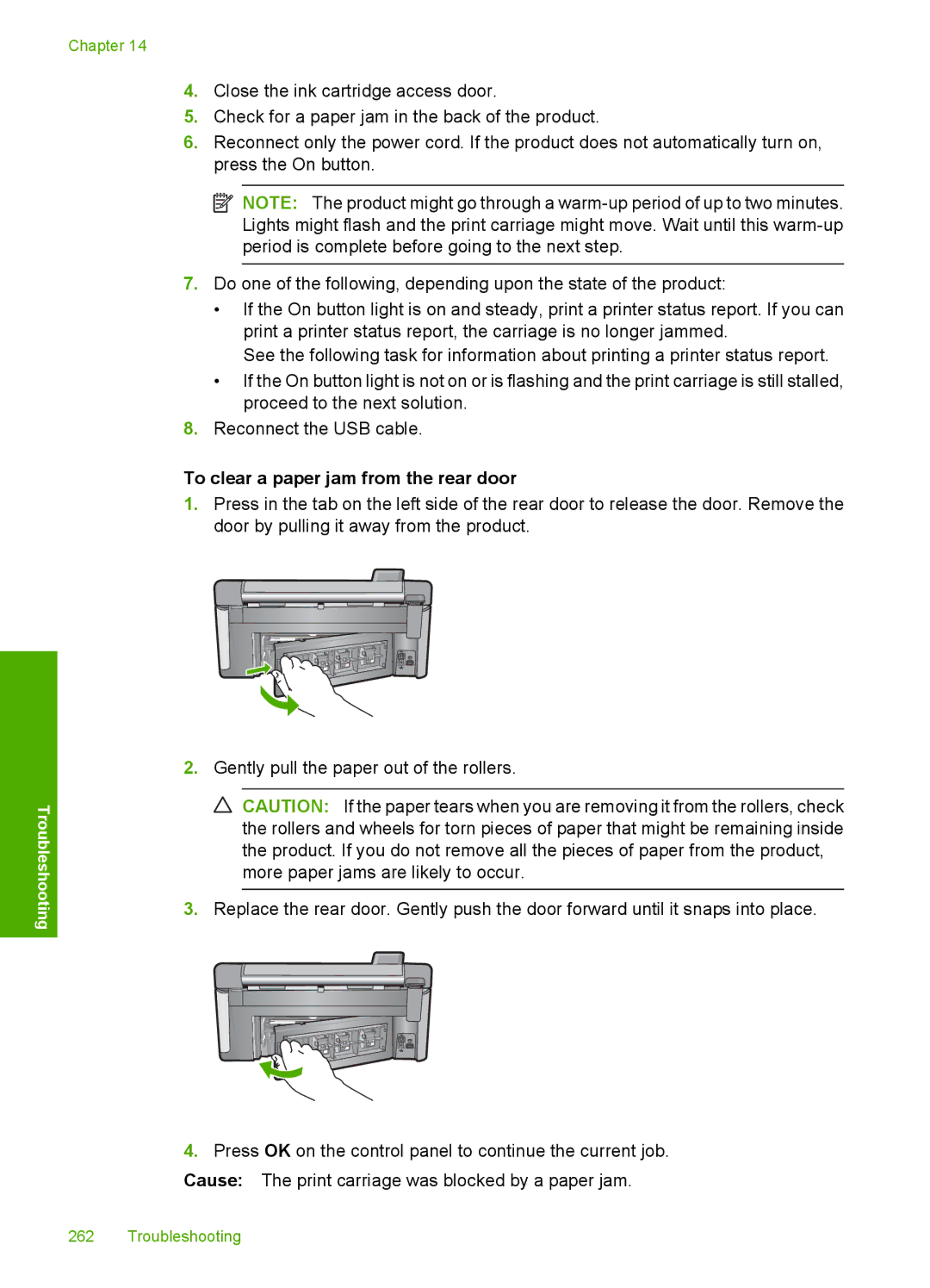 HP C6340, C6380 manual To clear a paper jam from the rear door 