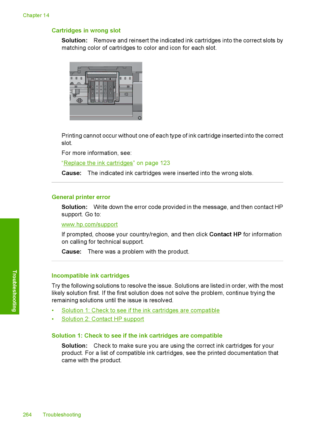 HP C6340, C6380 manual Cartridges in wrong slot, General printer error, Incompatible ink cartridges 