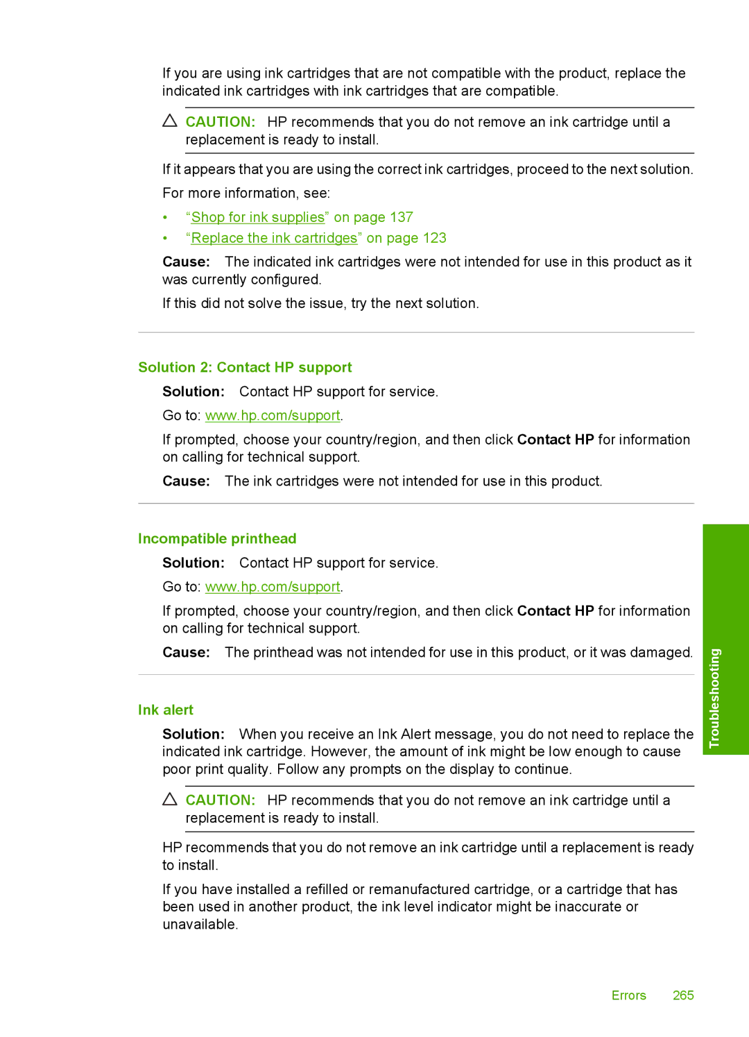 HP C6380, C6340 manual Incompatible printhead, Ink alert 