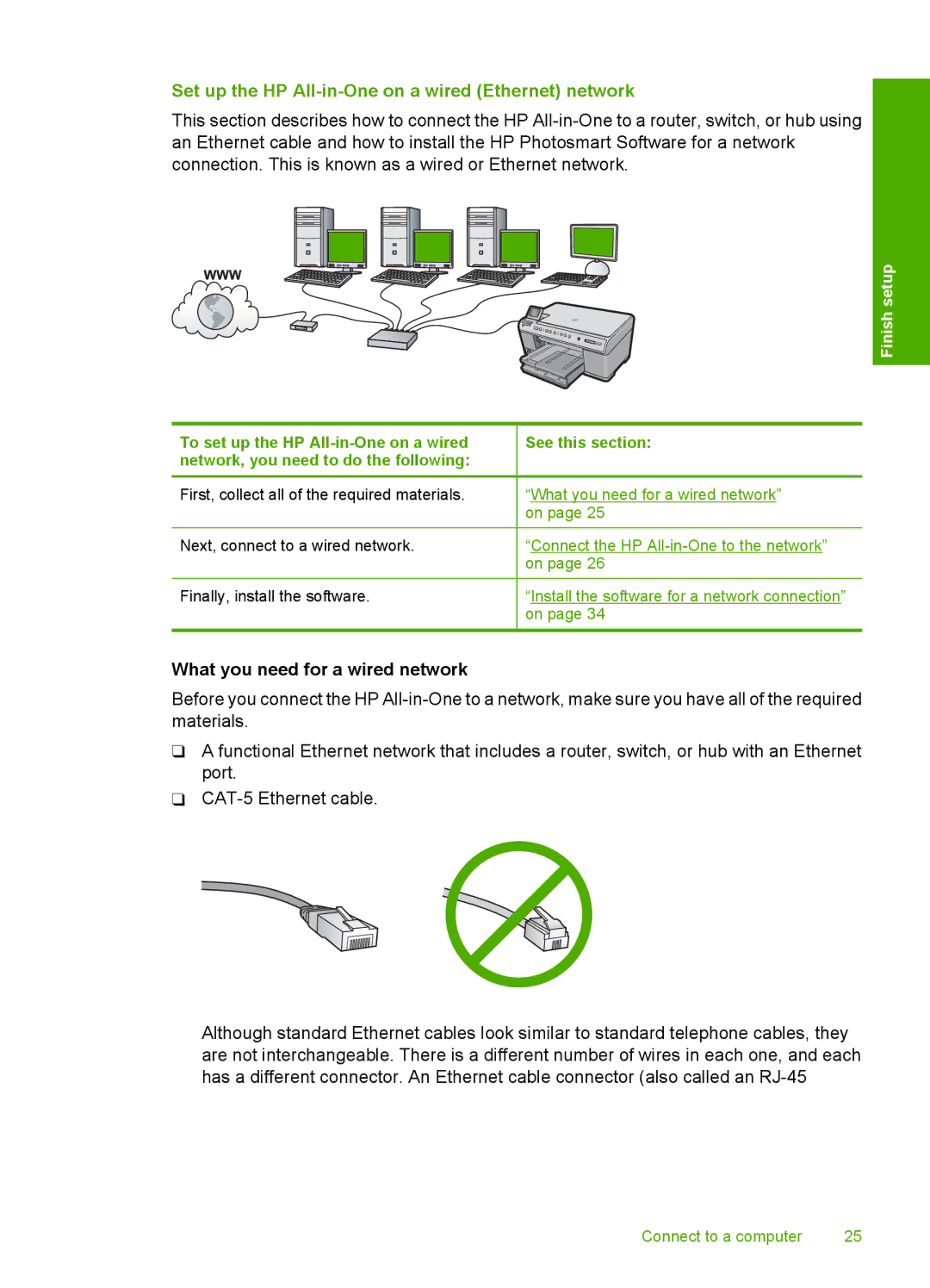 HP C6380, C6340 manual Set up the HP All-in-One on a wired Ethernet network, What you need for a wired network 