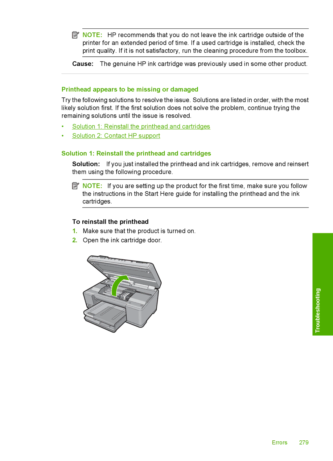 HP C6380, C6340 manual Printhead appears to be missing or damaged, Solution 1 Reinstall the printhead and cartridges 