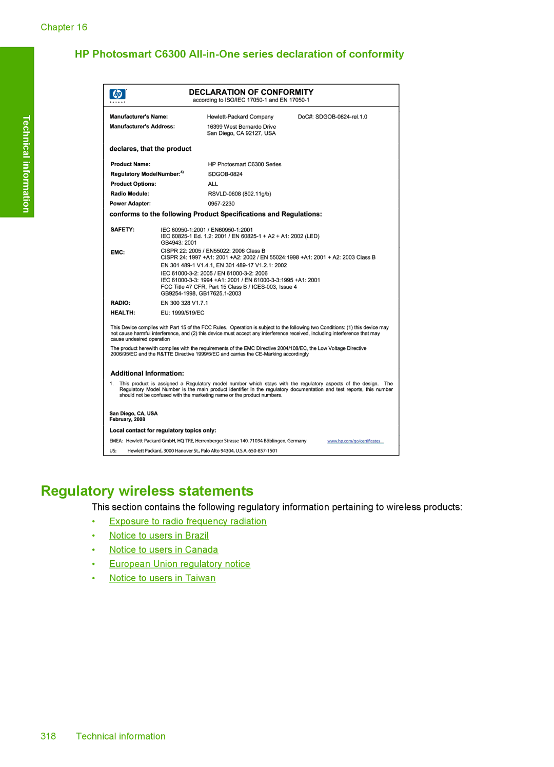 HP C6340, C6380 manual Regulatory wireless statements 