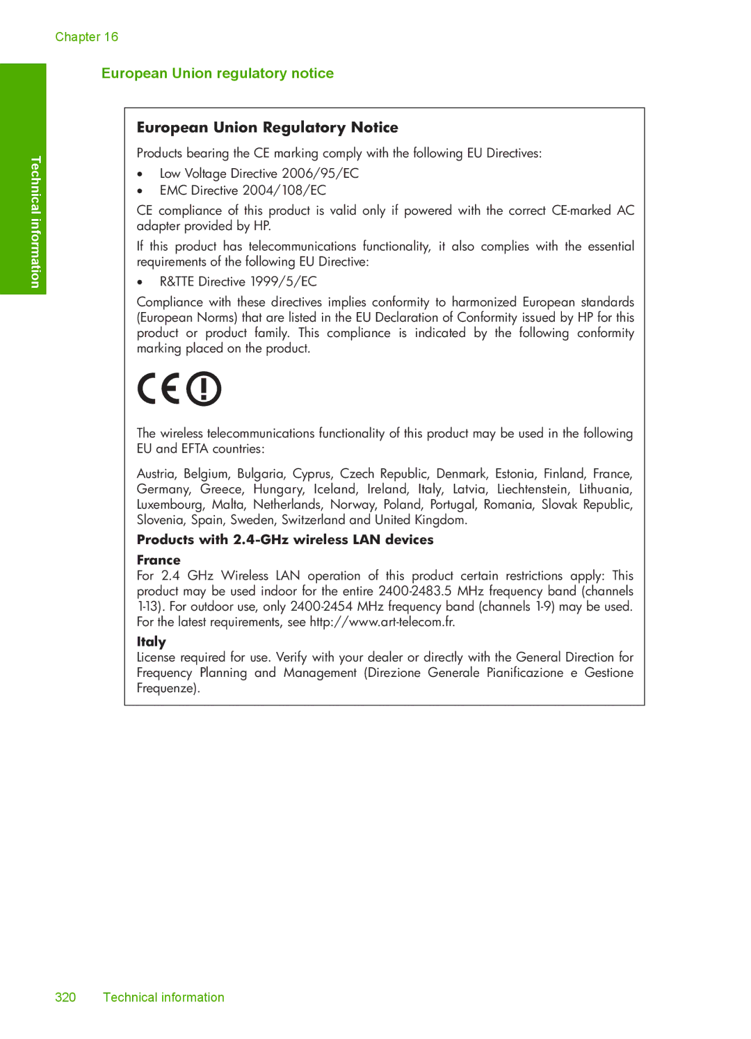 HP C6340, C6380 manual European Union regulatory notice, European Union Regulatory Notice 