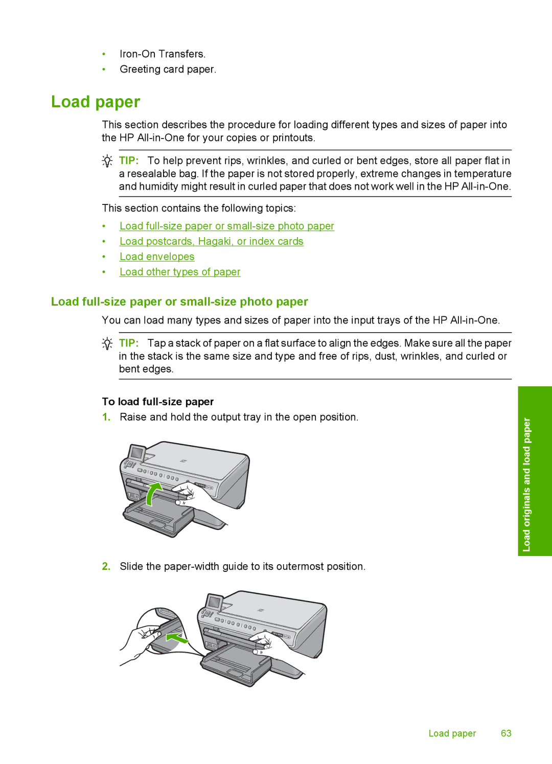 HP C6380, C6340 manual Load paper, Load full-size paper or small-size photo paper, To load full-size paper 