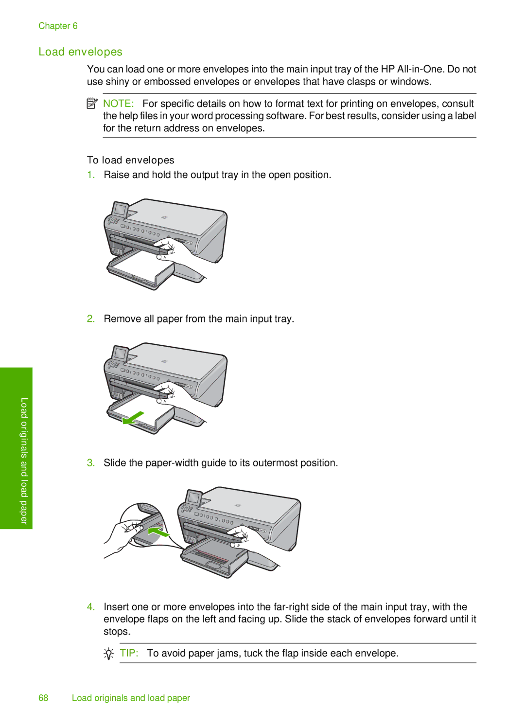 HP C6340, C6380 manual Load envelopes, To load envelopes 