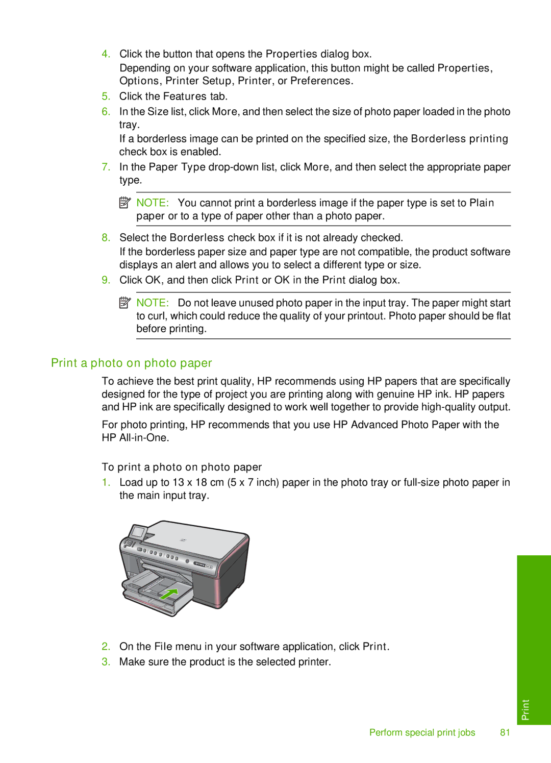 HP C6380, C6340 manual Print a photo on photo paper, To print a photo on photo paper 