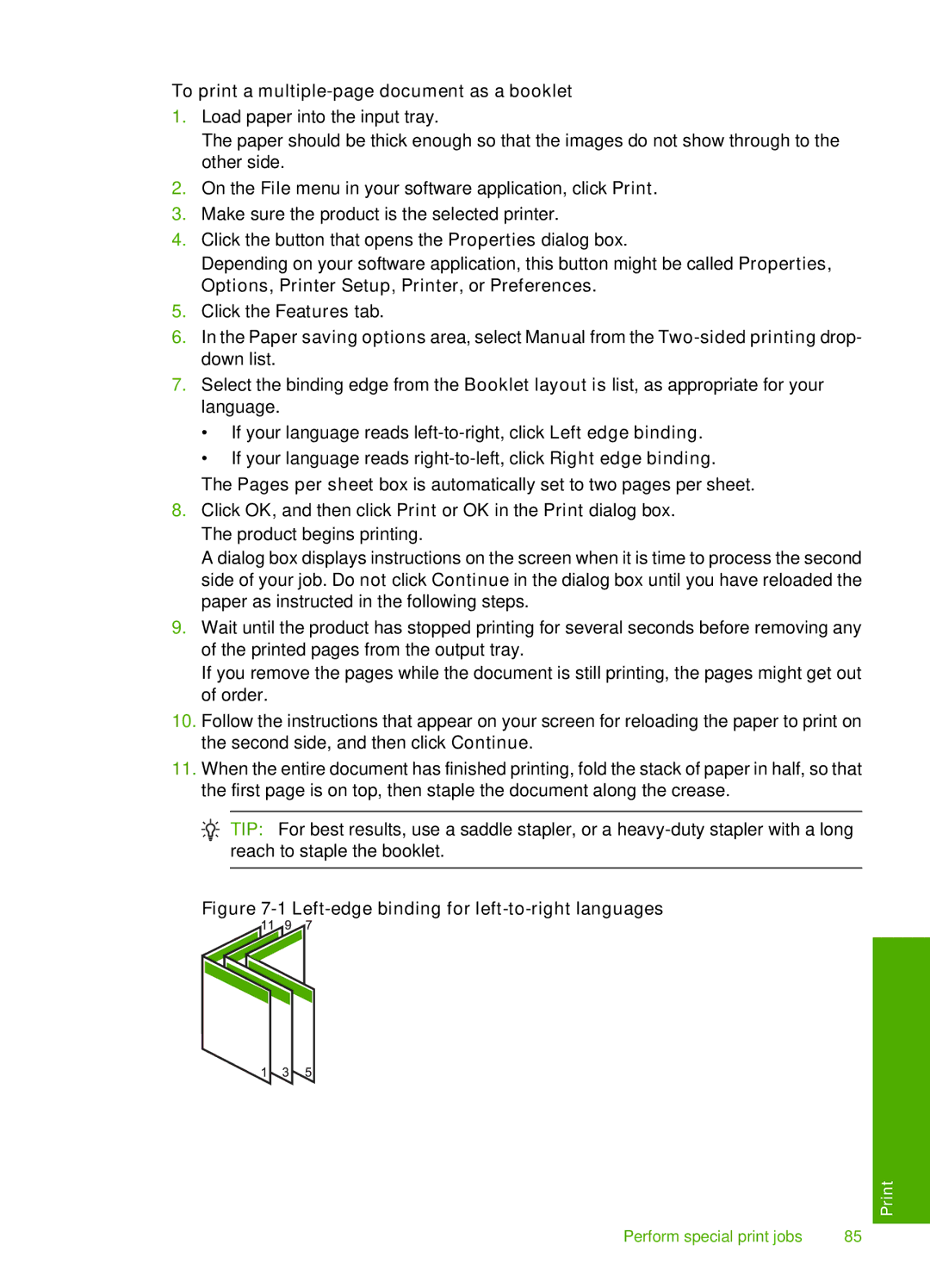 HP C6380, C6340 manual To print a multiple-page document as a booklet, Left-edge binding for left-to-right languages 