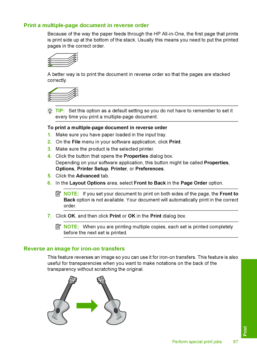 HP C6380, C6340 manual Print a multiple-page document in reverse order, Reverse an image for iron-on transfers 