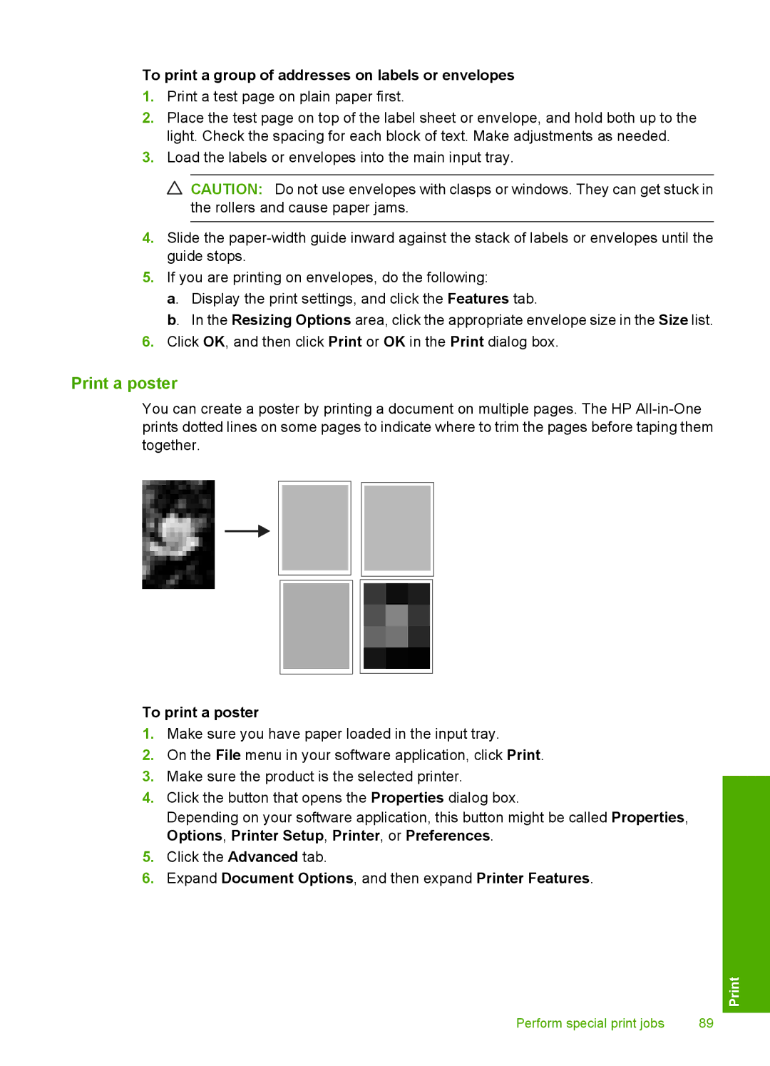 HP C6380, C6340 manual Print a poster, To print a group of addresses on labels or envelopes, To print a poster 