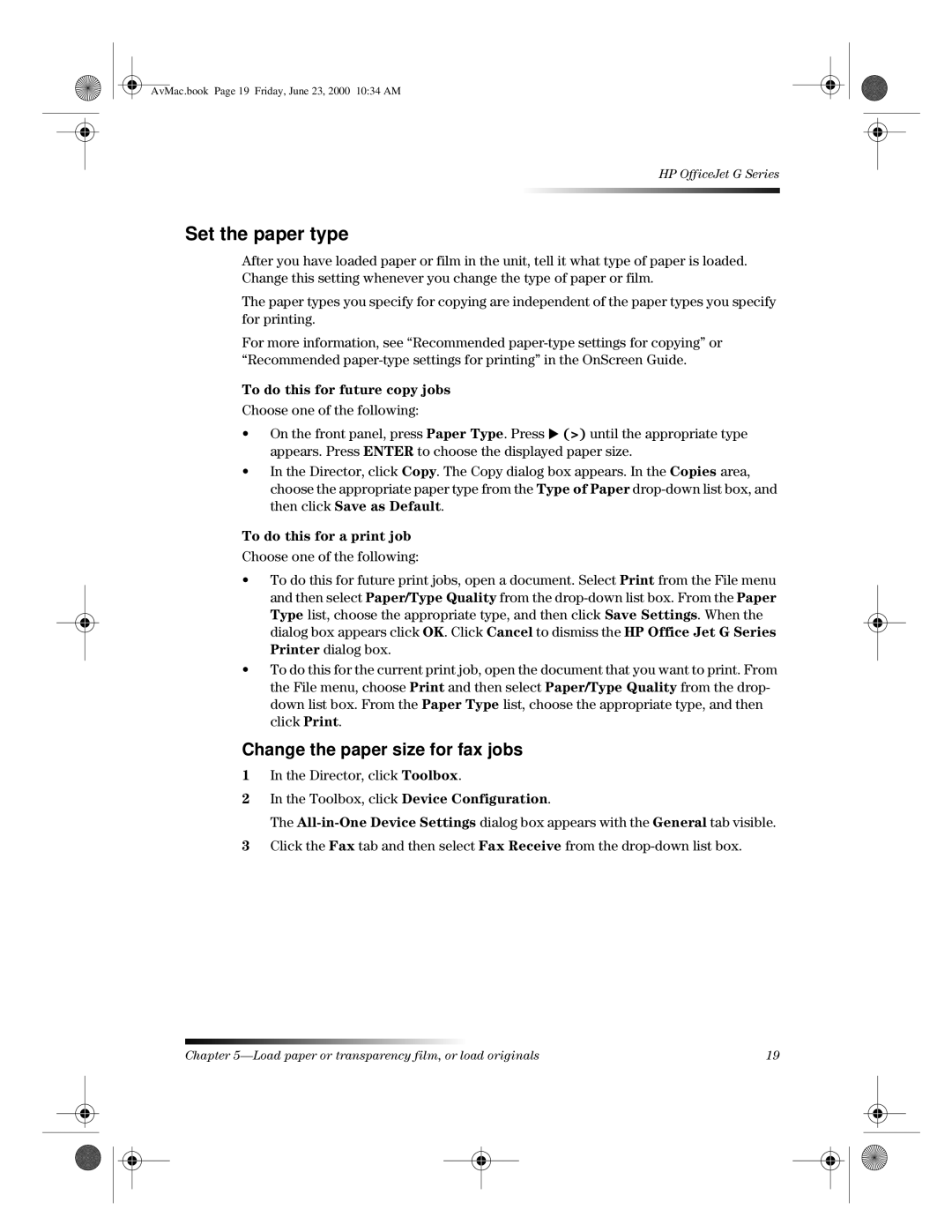 HP G, C6734A, g85 C6737A, g55 C6736A, C6735A, g85XI C6739A manual Set the paper type, Change the paper size for fax jobs 