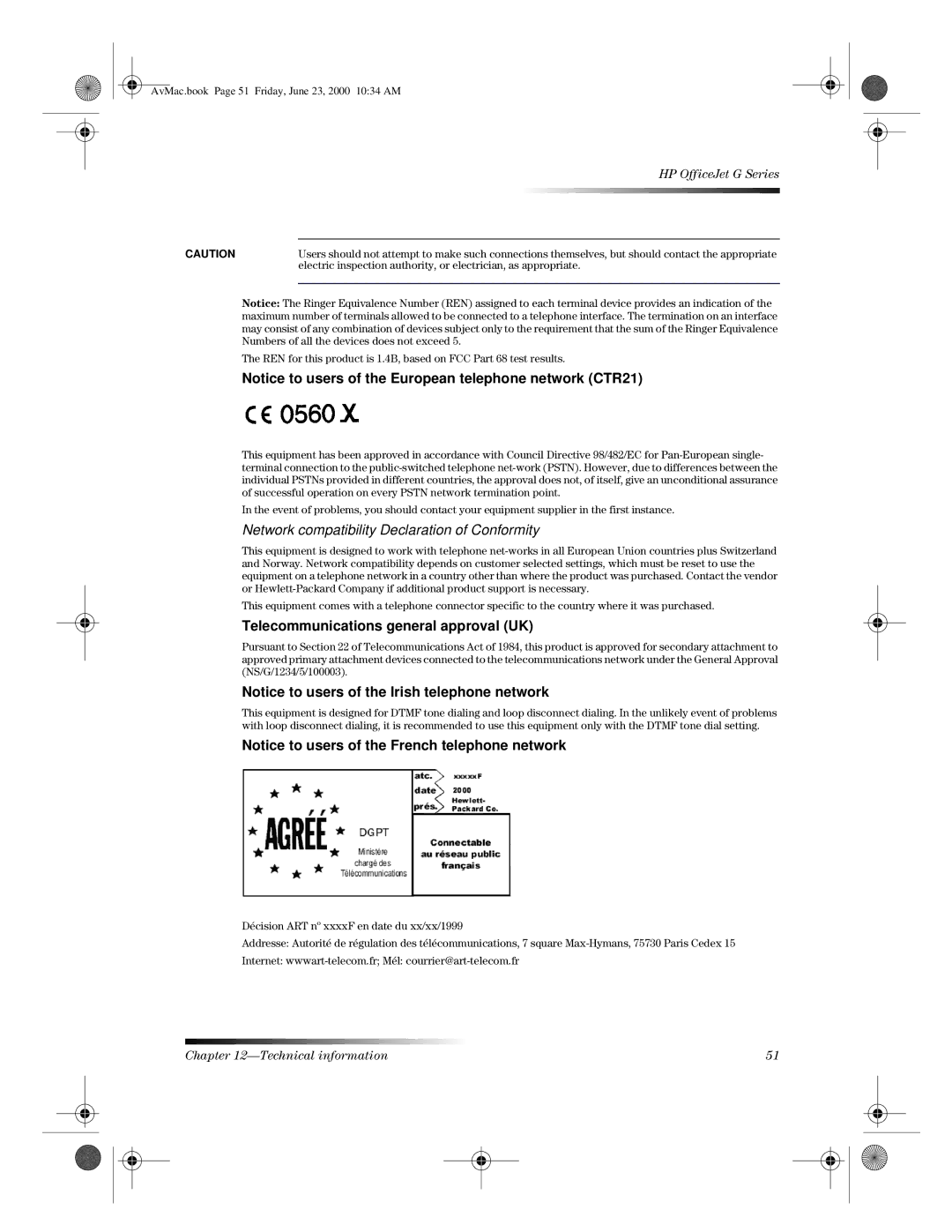 HP C6735A, C6734A, g85 C6737A, g55 C6736A, g85XI C6739A, G manual Telecommunications general approval UK 