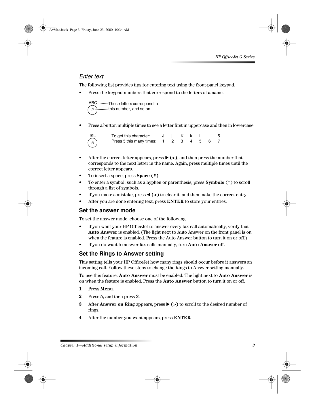 HP g85 C6737A, C6734A, g55 C6736A, C6735A, g85XI C6739A, G manual Set the answer mode, Set the Rings to Answer setting 