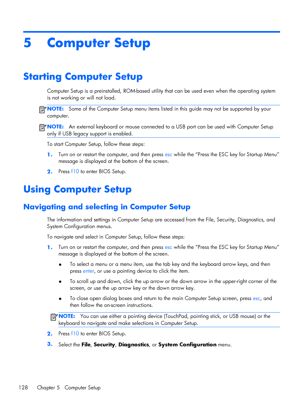 HP C6Z69UT#ABA, 8570w, C4Q24UP Starting Computer Setup, Using Computer Setup, Navigating and selecting in Computer Setup 