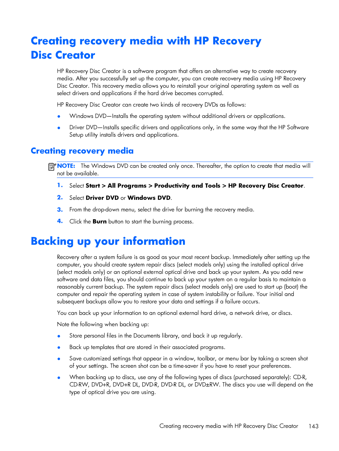 HP 15.6 C6Y88UT#ABA, C6Z69UT#ABA, 8570w Creating recovery media with HP Recovery Disc Creator, Backing up your information 
