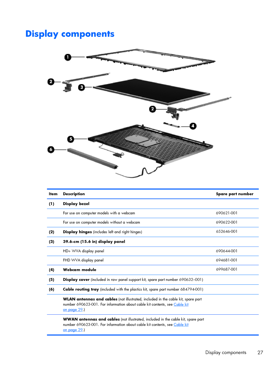 HP 15.6 C6Y88UT#ABA, C6Z69UT#ABA, 8570w, C4Q24UP manual Display components 