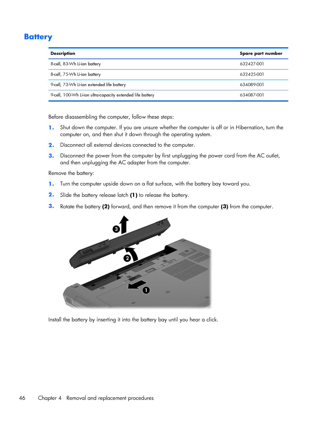 HP C4Q24UP, C6Z69UT#ABA, 8570w, 15.6 C6Y88UT#ABA manual Battery, Description Spare part number 