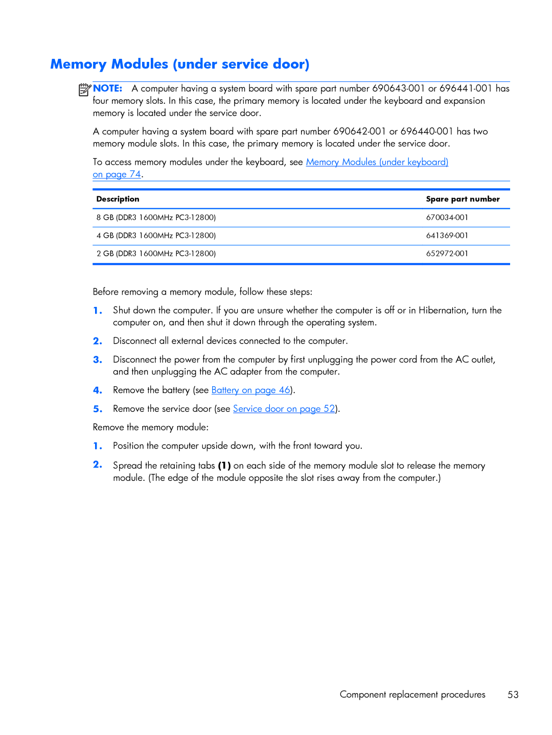 HP 8570w, C6Z69UT#ABA, C4Q24UP, 15.6 C6Y88UT#ABA manual Memory Modules under service door, Description Spare part number 