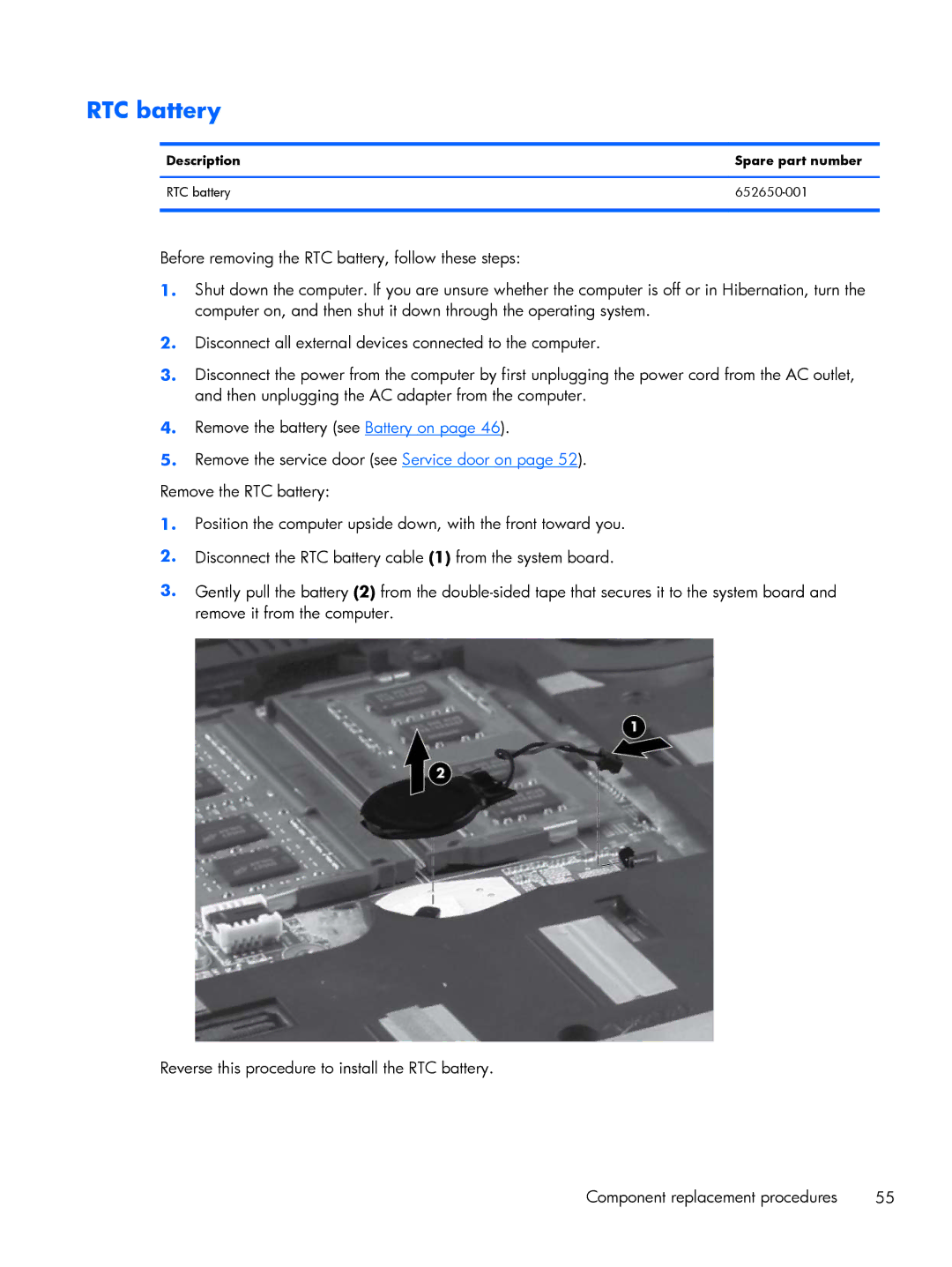 HP 15.6 C6Y88UT#ABA, C6Z69UT#ABA, 8570w, C4Q24UP manual Description Spare part number RTC battery 652650-001 