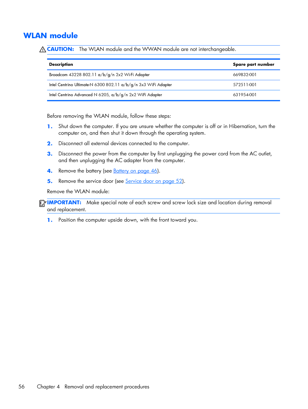 HP C6Z69UT#ABA, 8570w, C4Q24UP, 15.6 C6Y88UT#ABA manual Wlan module, Description Spare part number 