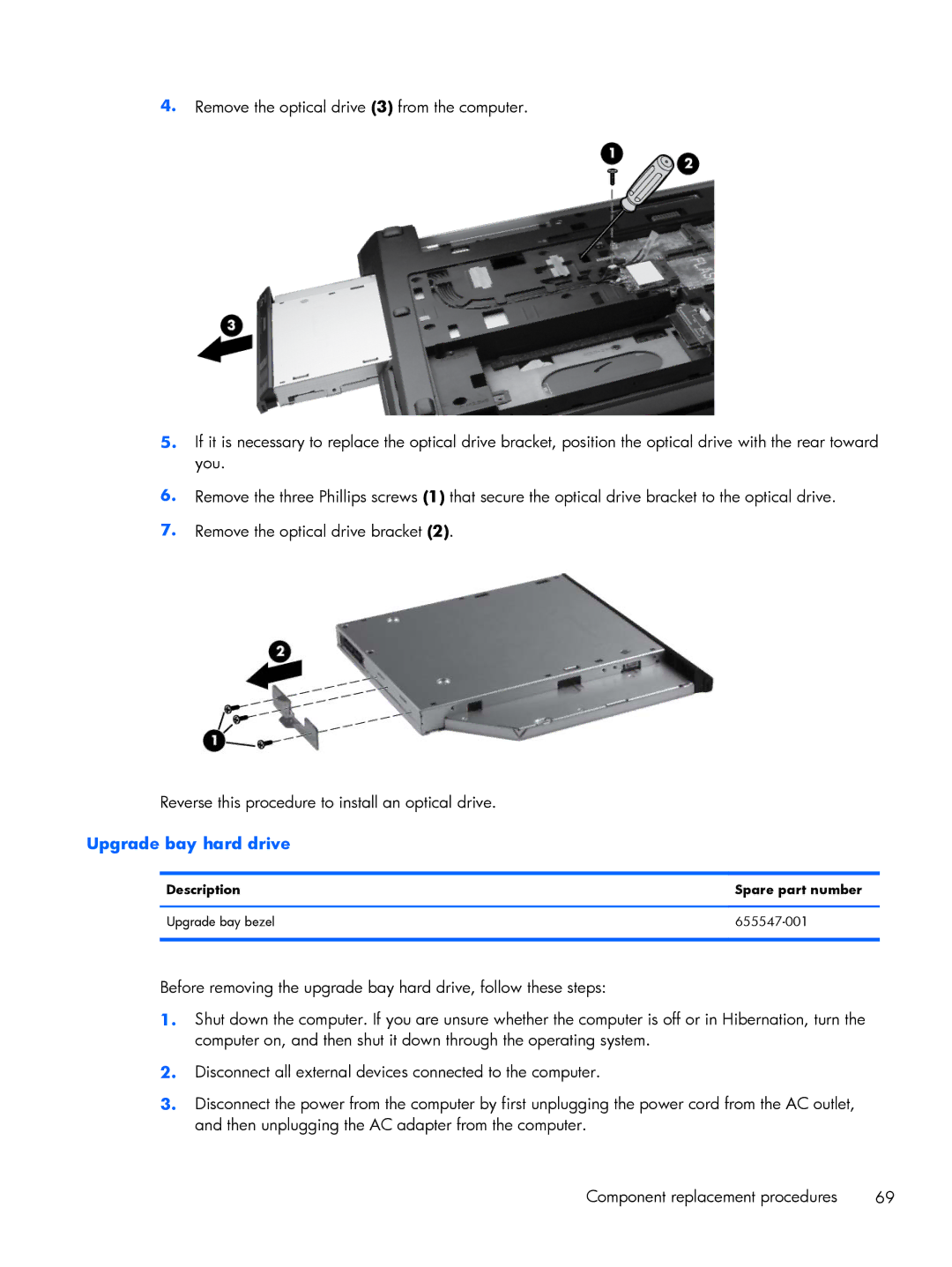 HP 8570w, C6Z69UT#ABA, C4Q24UP manual Upgrade bay hard drive, Description Spare part number Upgrade bay bezel 655547-001 