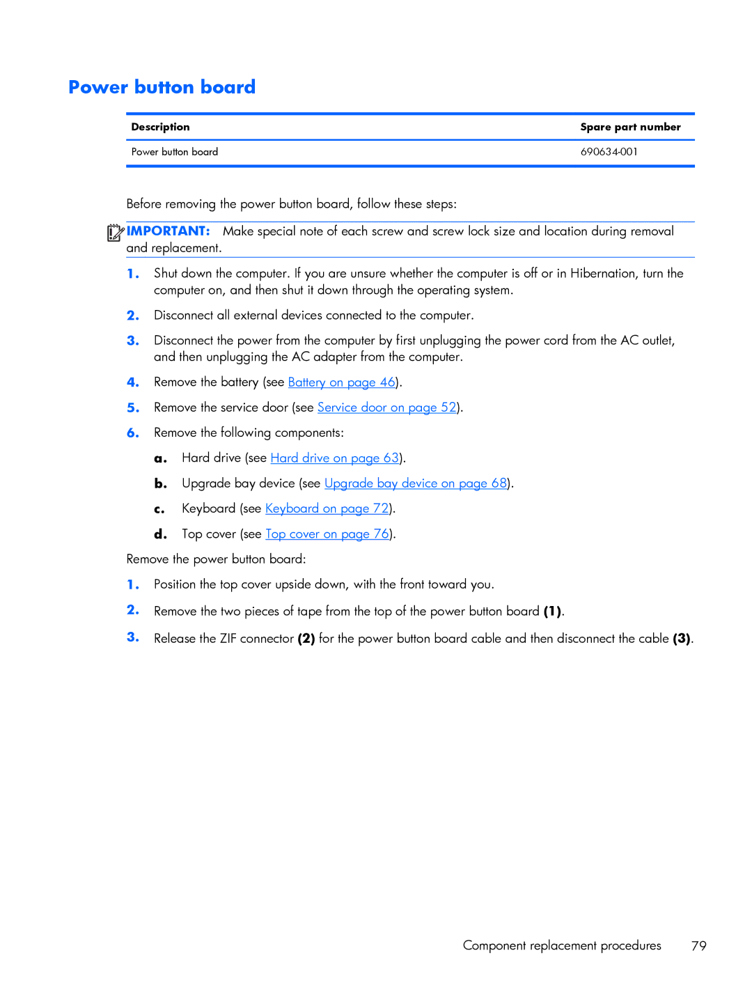 HP 15.6 C6Y88UT#ABA, C6Z69UT#ABA, 8570w, C4Q24UP manual Description Spare part number Power button board 690634-001 