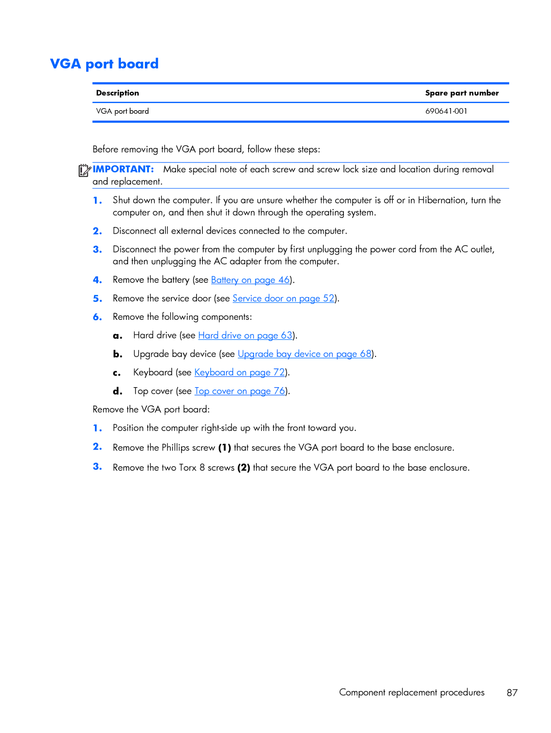 HP 15.6 C6Y88UT#ABA, C6Z69UT#ABA, 8570w, C4Q24UP manual Description Spare part number VGA port board 690641-001 
