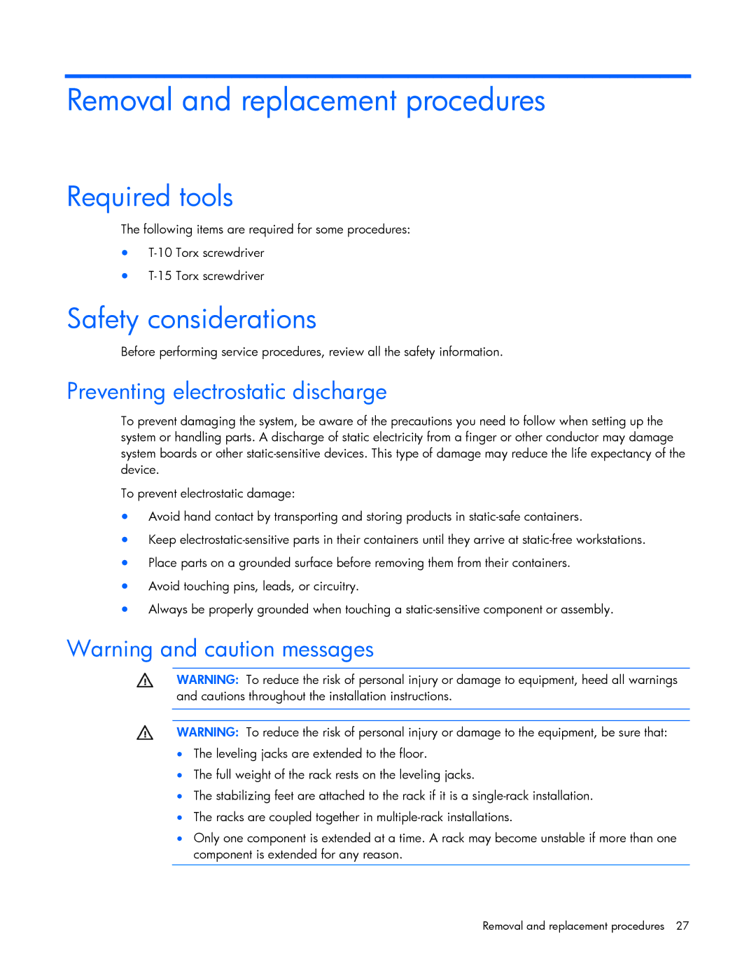 HP c7000 Removal and replacement procedures, Required tools, Safety considerations, Preventing electrostatic discharge 