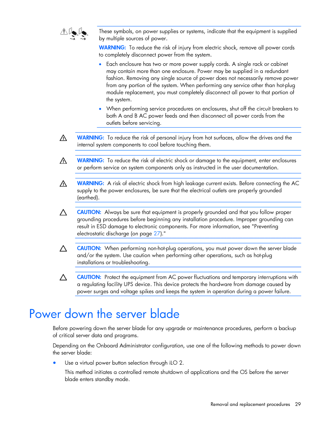 HP c7000 manual Power down the server blade 