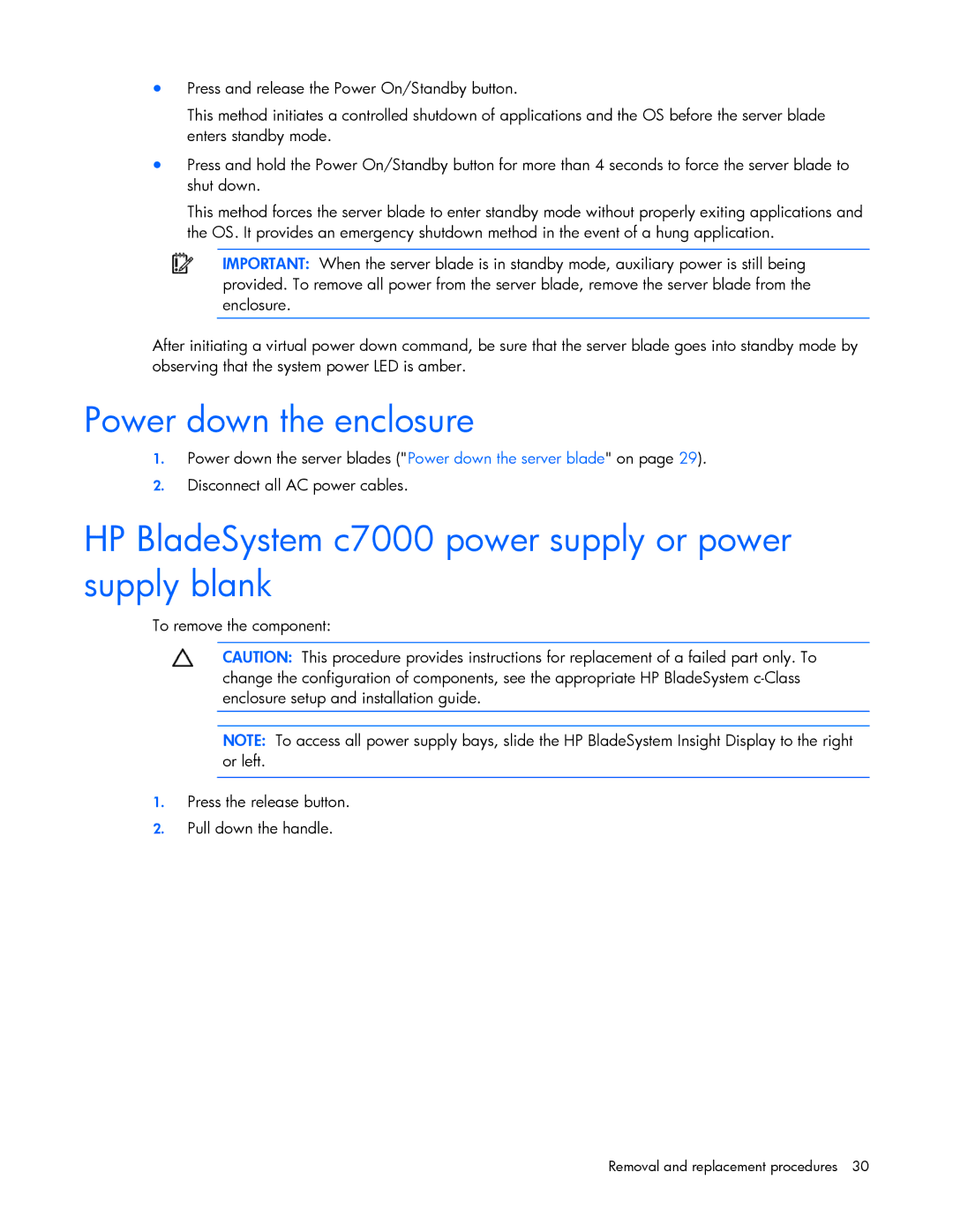 HP manual Power down the enclosure, HP BladeSystem c7000 power supply or power supply blank 