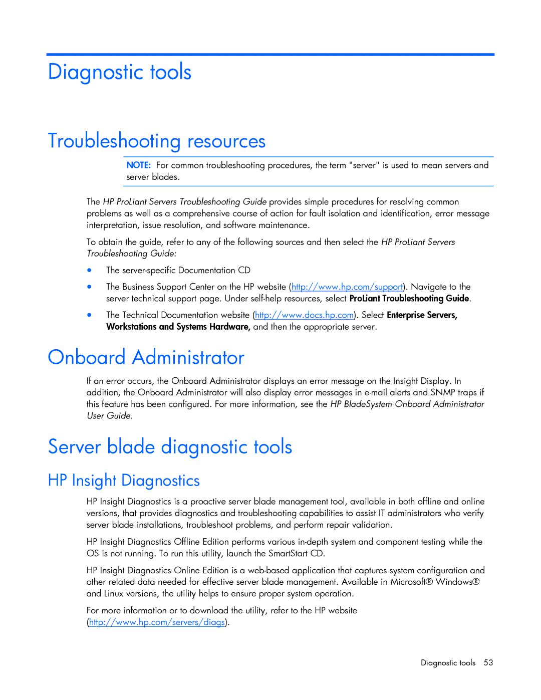 HP c7000 manual Diagnostic tools, Troubleshooting resources, Server blade diagnostic tools, HP Insight Diagnostics 