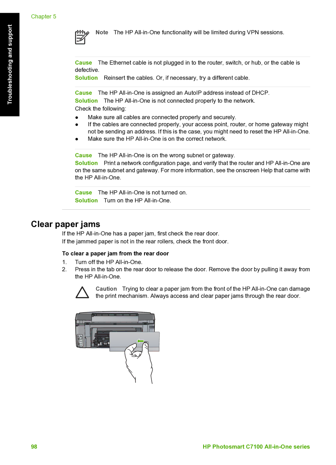 HP C7100 manual Clear paper jams, To clear a paper jam from the rear door 