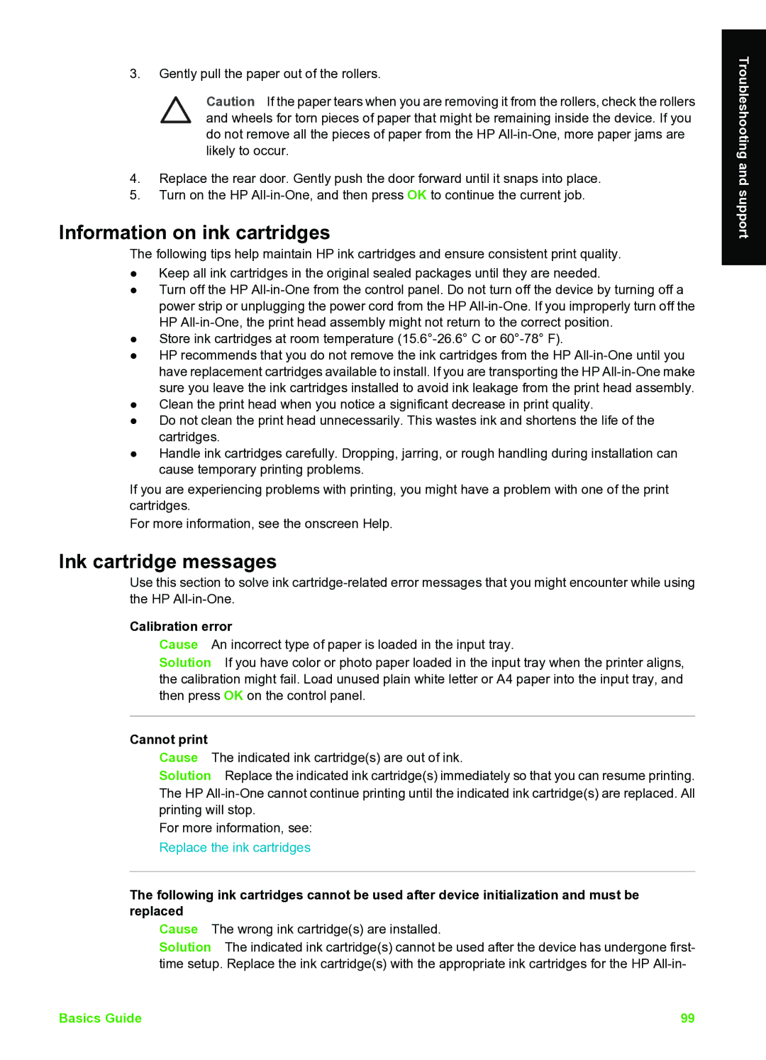 HP C7100 manual Information on ink cartridges, Ink cartridge messages, Calibration error, Cannot print 