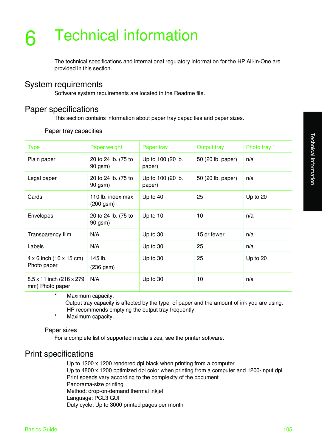 HP C7100 manual System requirements, Paper specifications, Print specifications, Paper tray capacities, Paper sizes 