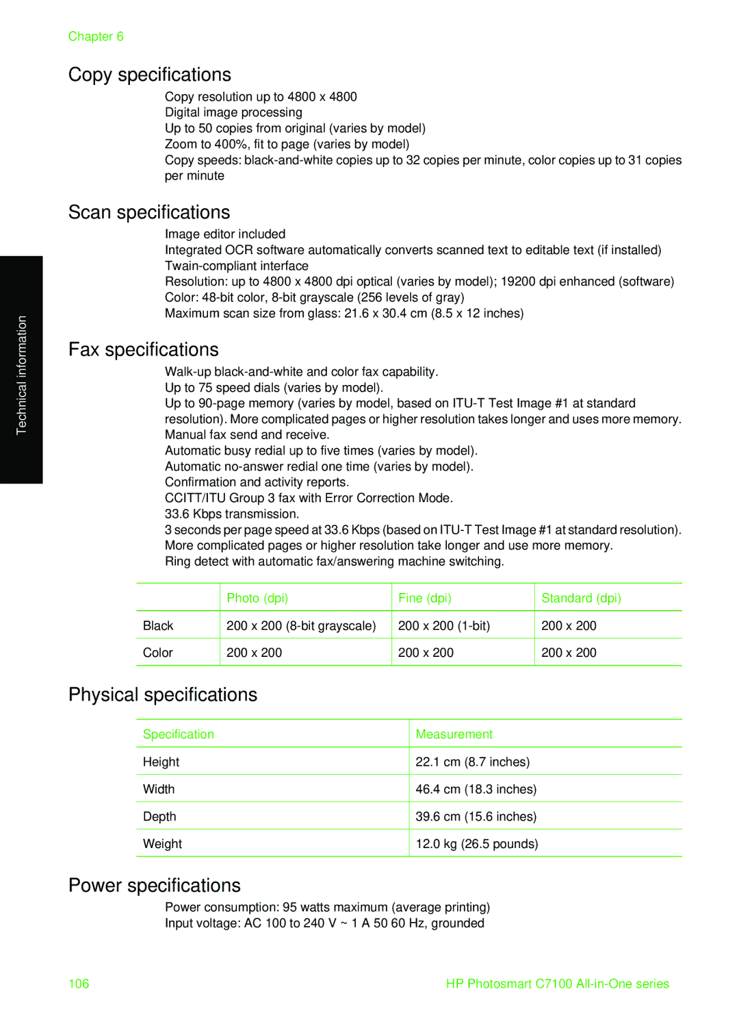 HP C7100 manual Copy specifications, Scan specifications, Fax specifications, Physical specifications, Power specifications 